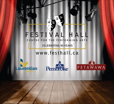 Graphic of festival hall with 3 municipality logos for LV, Pembroke, and Petawawa.