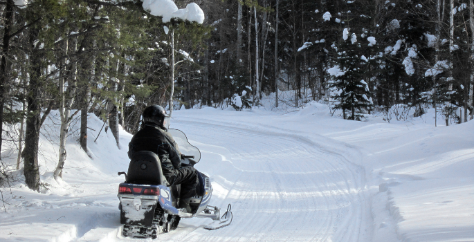 A snowmobiler on a snow path with trees on either side.