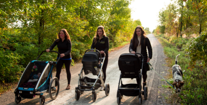 A group of girls and a dog walking on a crusher dust trail with in the fall.