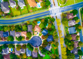 An aerial photo of a neighbourhood development. 