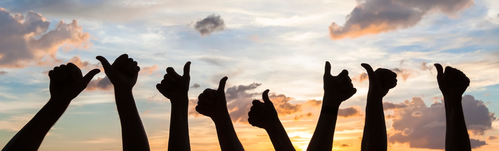 Hands up against a sky giving a thumbs up.