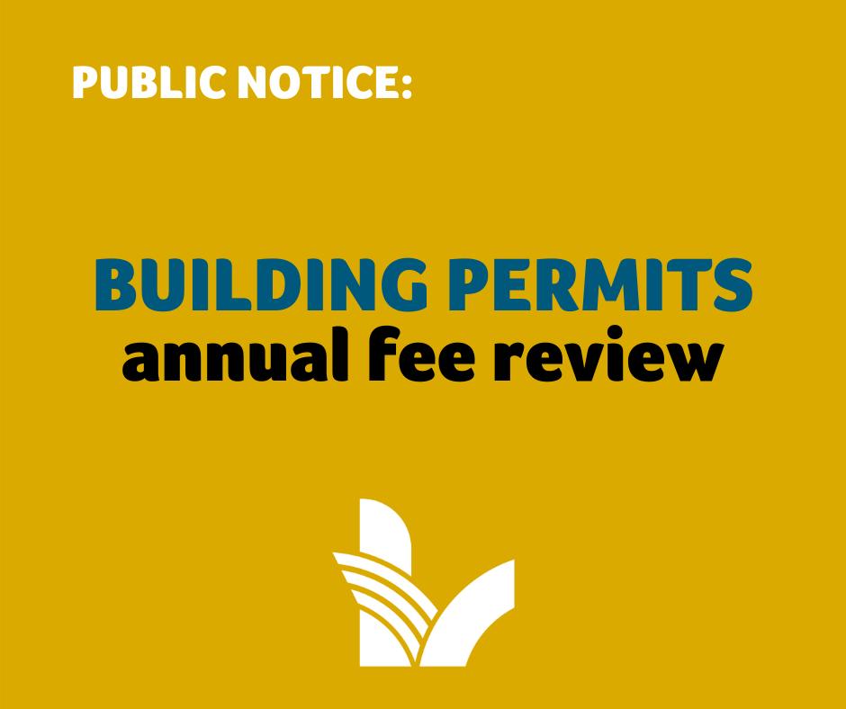 Yellow graphic with notice of building fee annual review for 2023.