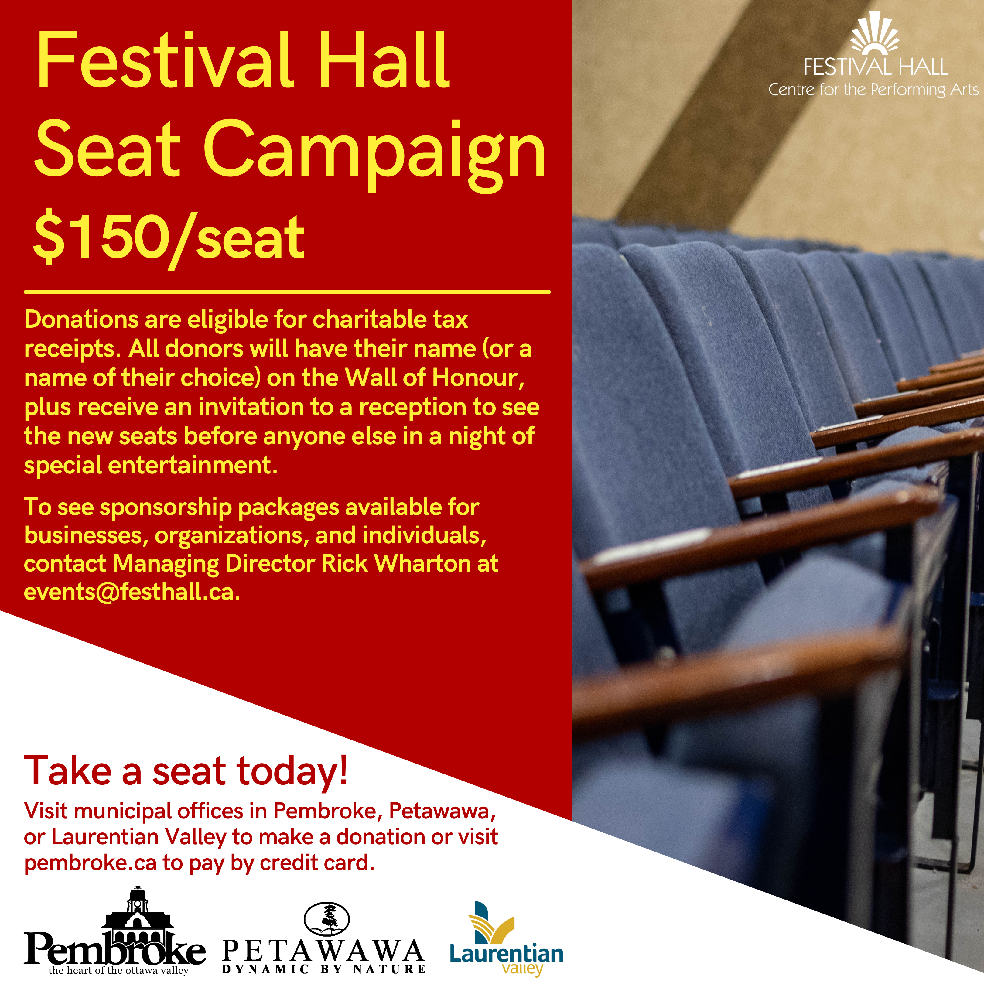 Graphic announcing the Festival Hall Seat Campaign.