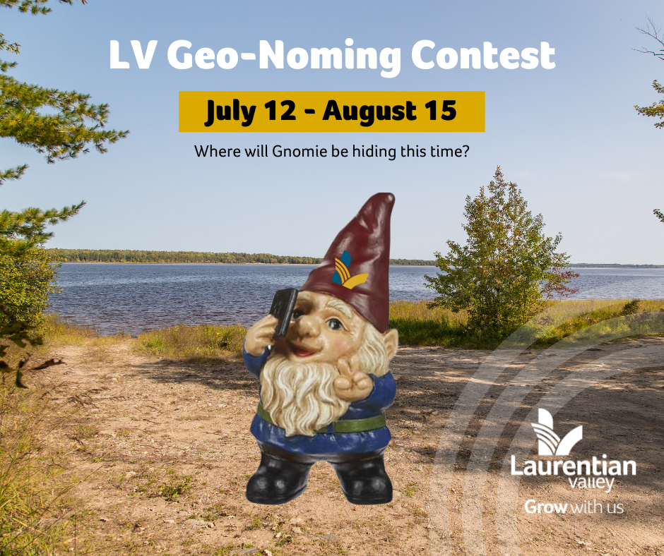 Graphic of Gnomie, the geo-gnoming gnome announcing the start of the contest.