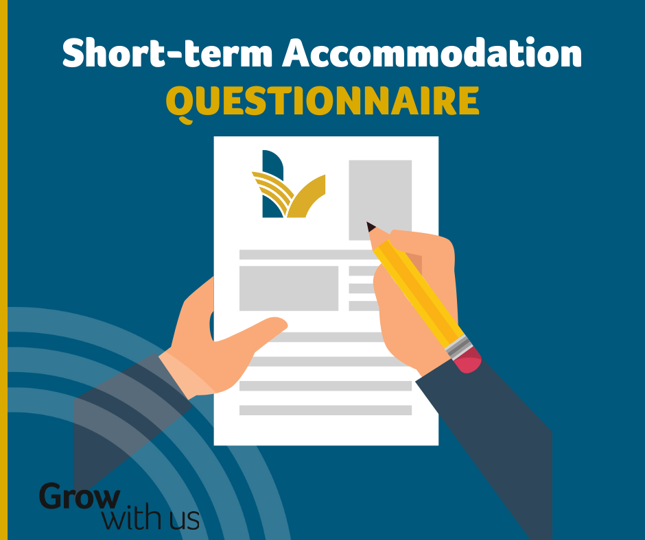 Graphic hands holding a piece of paper on an LV blue background with the title Short Term Accommodation Questionnaire.