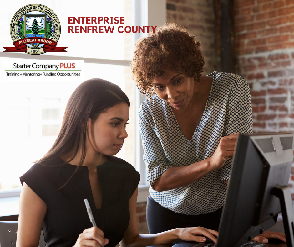 A person mentoring another person with the Enterprise Renfrew County logo.