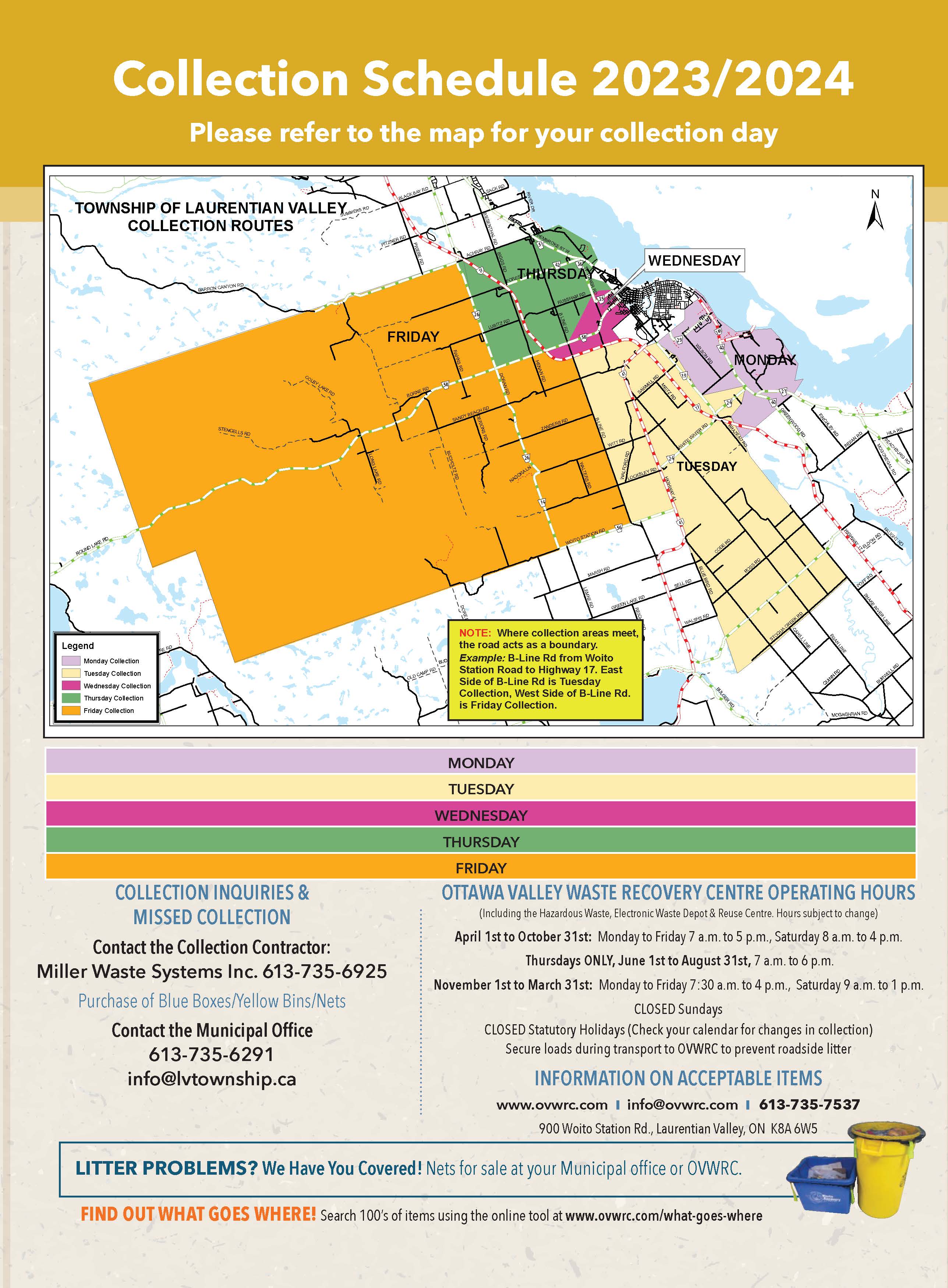 A detailed map outlining the various collection regions and day of the week in LV.