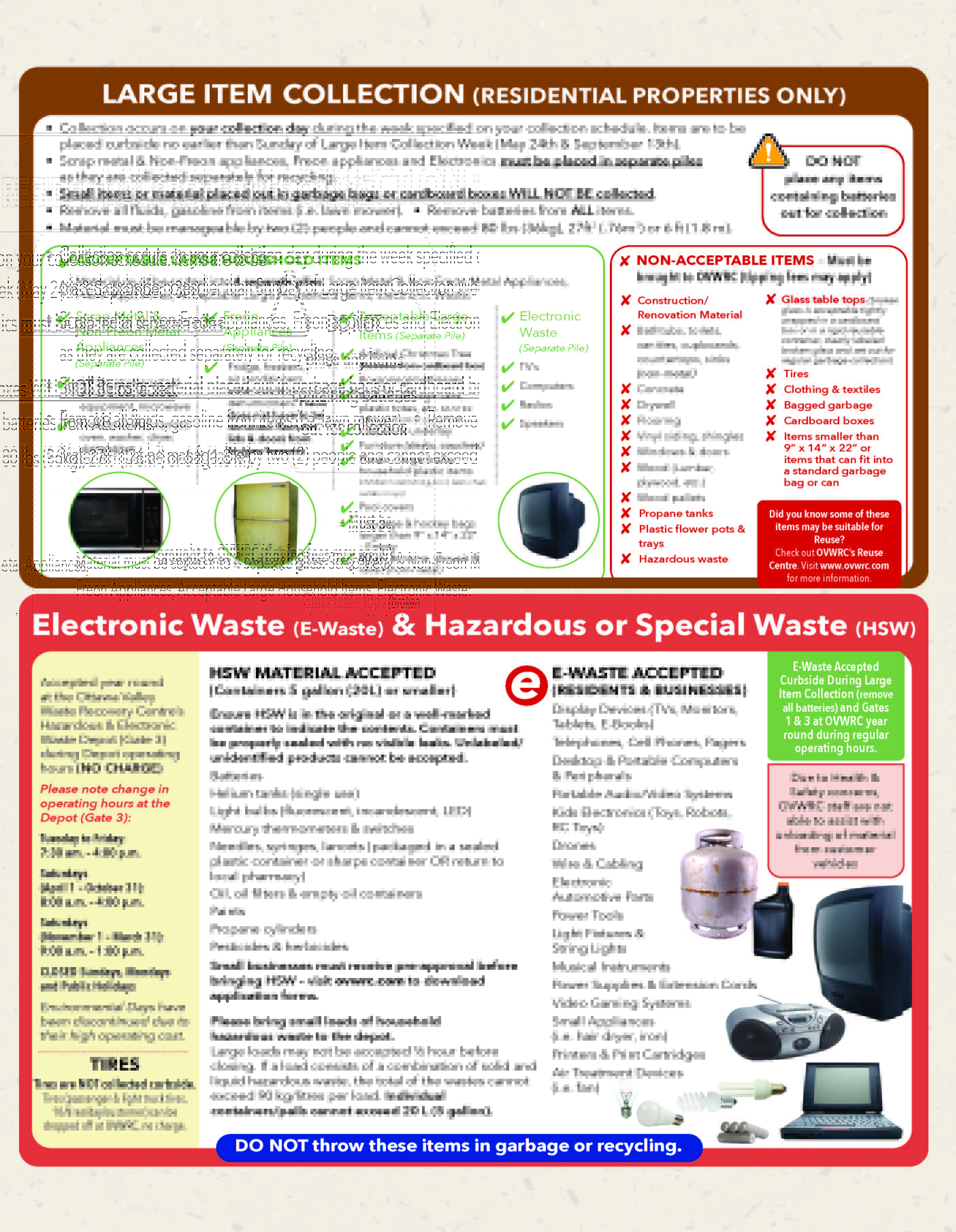 Chart identifying what is and is not accepted in the Large Item Collection program.